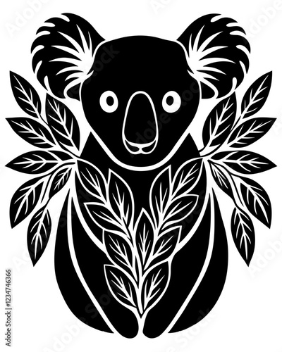 Black and White Koala Silhouette with Stylized Leaf Patterns in Circular Composition