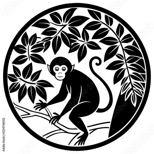 Black and White Monkey Silhouette with Tropical Leaves in Circular Composition