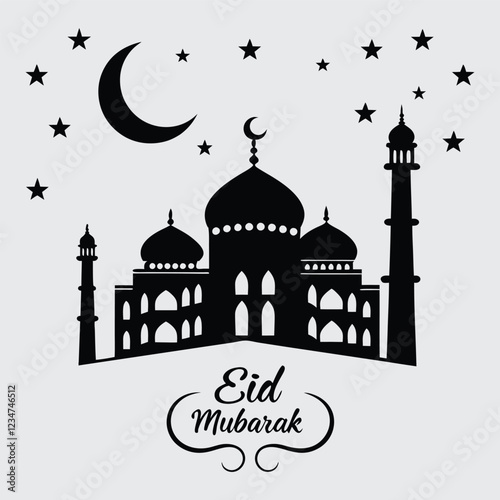 A silhouette of a grand mosque with a crescent moon and stars in the background, with "Eid Mubarak" text  silhouette  image vector art and illustration