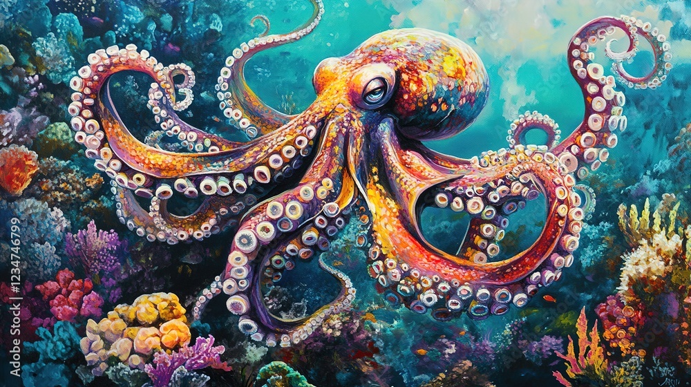 Obraz premium A vibrant and colorful octopus gracefully swimming amidst the coral reefs of an underwater world, its tentacles elegantly swaying in harmony with the marine life. 