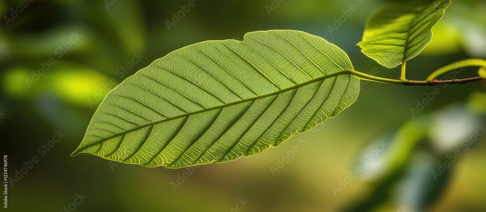Close-up of a single green leaf on a branch with a blurred natural background Copy Space Close-up of a single green leaf on a branch with a blurred natural background Copy Space