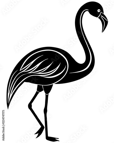 Stylized Black and White Flamingo Illustration with Elegant Silhouette and Minimalist Design