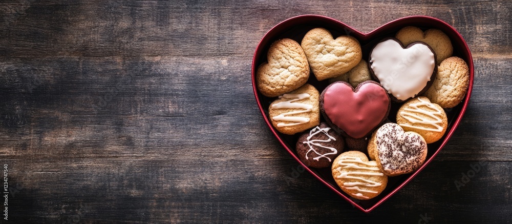Heart-shaped box filled with assorted cookies on wooden table with Copy Space for text Heart-shaped box filled with assorted cookies on wooden table with Copy Space for text
