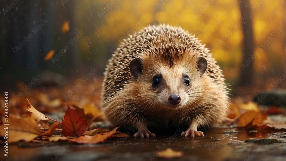 Fototapeta premium Curious Young Hedgehog Foraging Among Autumn Leaves and Mushrooms on a Rainy Day
