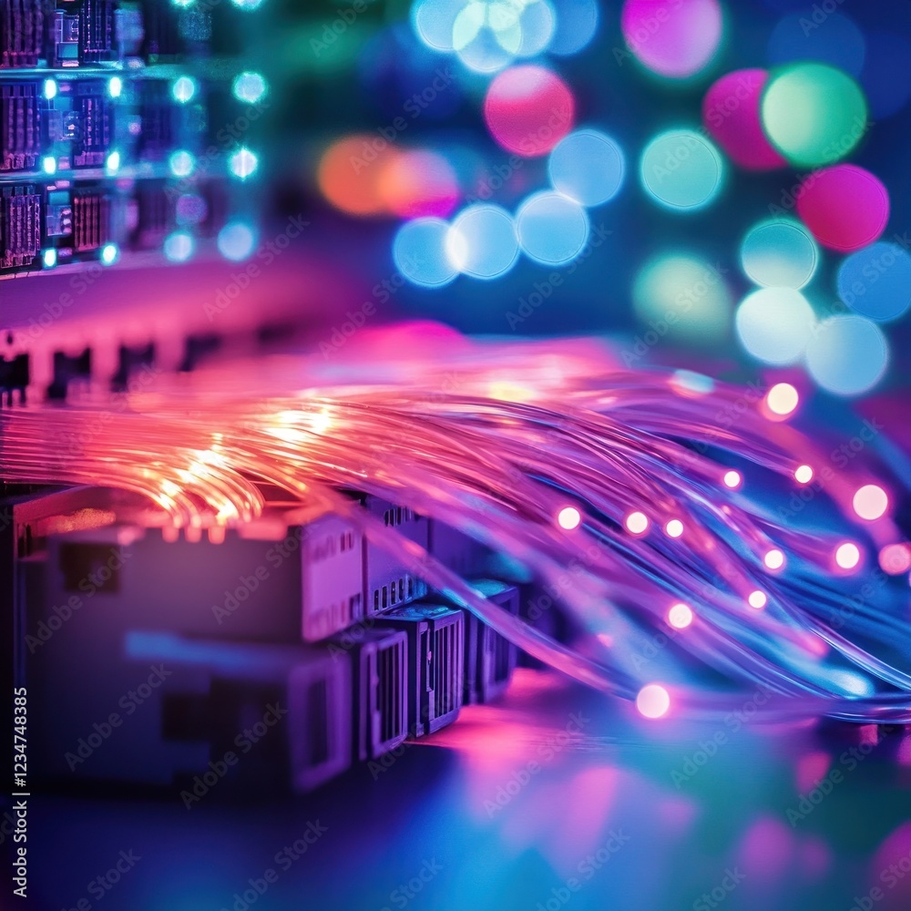 Obraz premium Fiber optic cables glow brightly, data center bokeh background, technology concept
