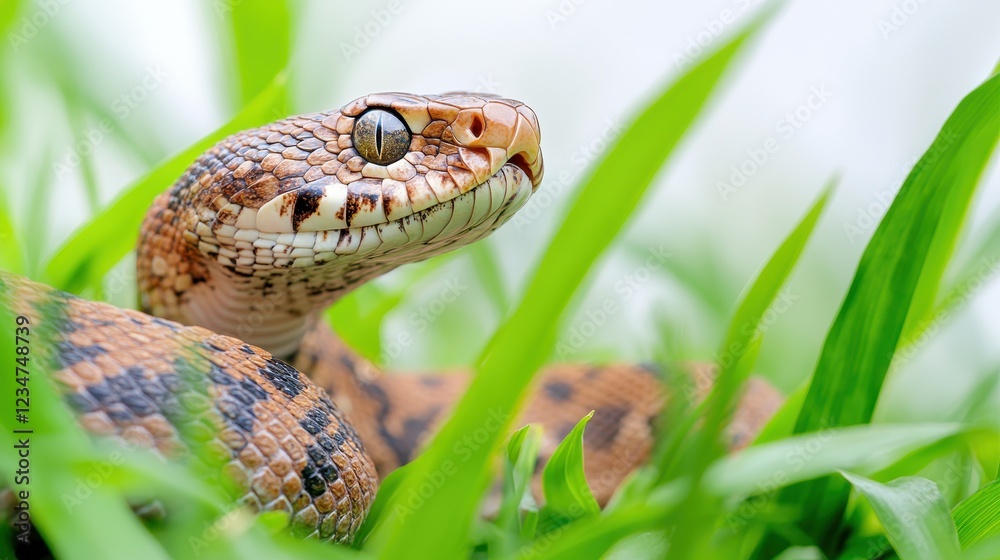 Brown and Tan Snake Among Green Grass in Natural Habitat Brown and Tan Snake Among Green Grass in Natural Habitat