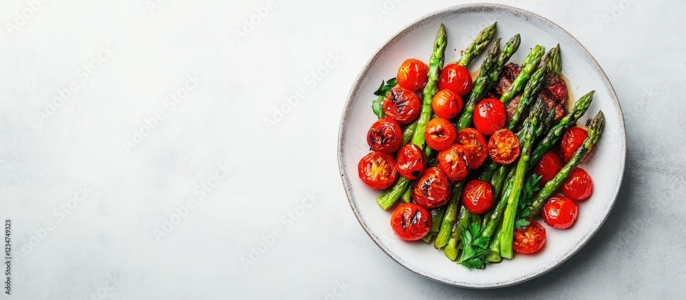 Grilled asparagus and cherry tomatoes on a white plate with Copy Space for text on a light gray background