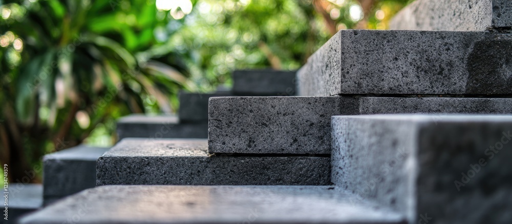 Gray stone steps with a blurred green background featuring plants and foliage Copy Space Gray stone steps with a blurred green background featuring plants and foliage Copy Space