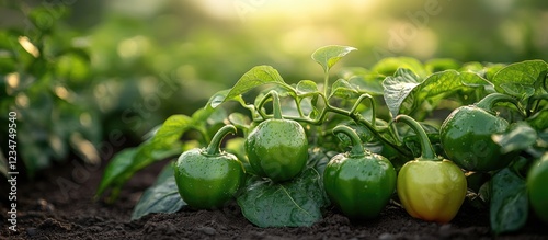 Fresh green bell peppers growing in a field with dew on leaves and a soft sunlight background Copy Space