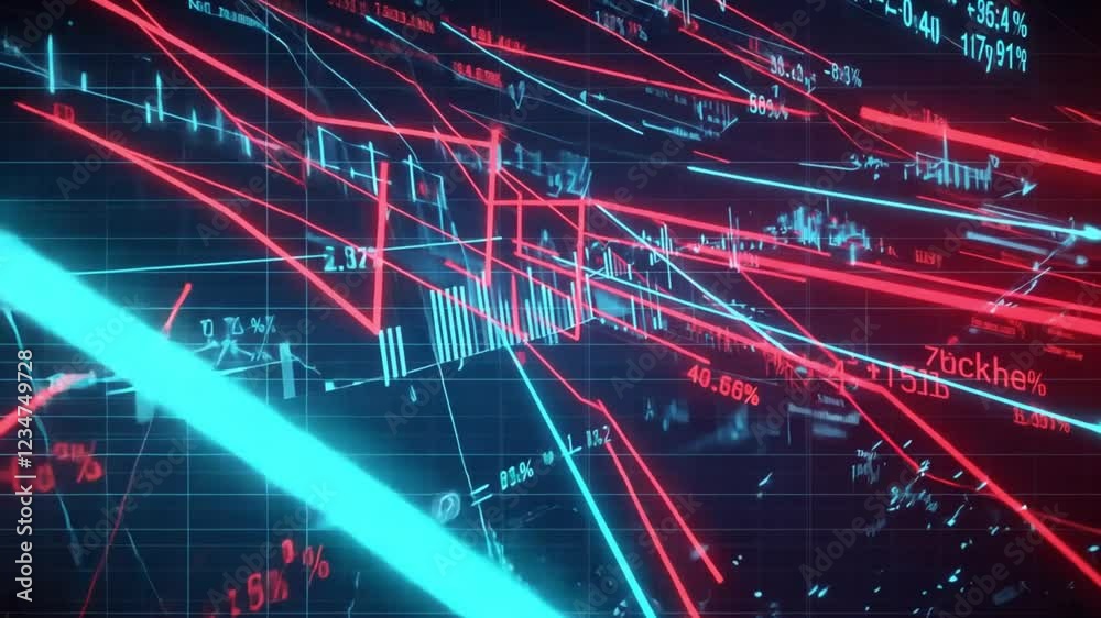 A high-tech neon blue and red grid with floating stock numbers, analytics graphs, and algorithmic data streams moving dynamically A high-tech neon blue and red grid with floating stock numbers, analytics graphs, and algorithmic data streams moving dynamically