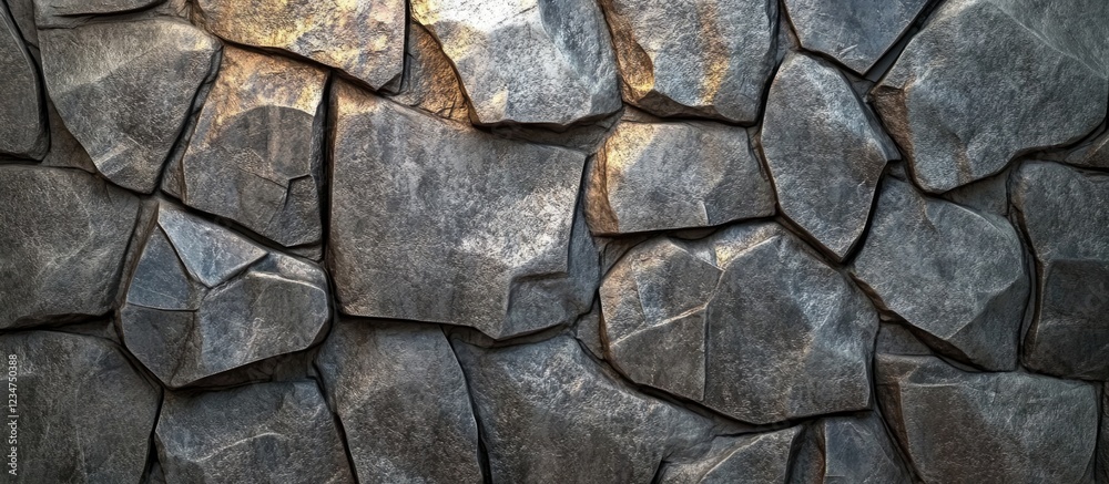 Textured stone wall with irregular shaped gray rocks and natural lighting Copy Space