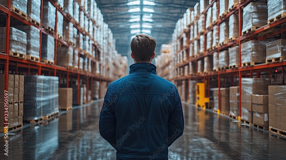A person standing in the middle of a large warehouse with many shelves filled with boxes A person standing in the middle of a large warehouse with many shelves filled with boxes