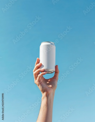 Blank White Aluminum Can Held Against a Clear Blue Sky