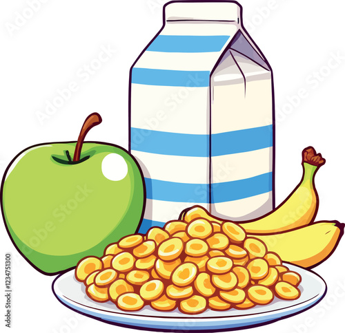 Nutritious breakfast featuring cereal, milk, bananas, and apple promoting healthy eating habits