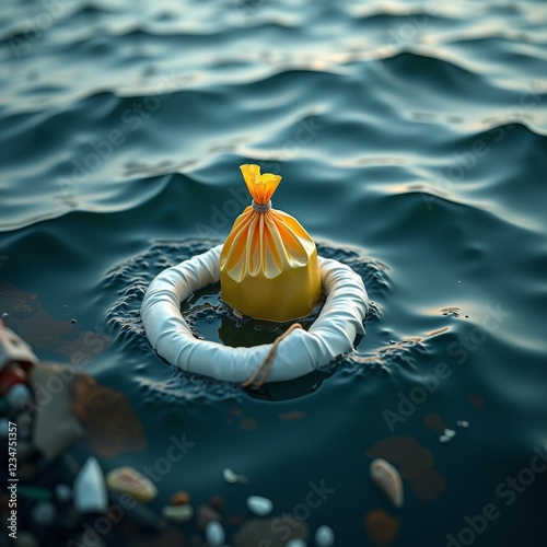 A yellow bag floating on a white life preserver in the water