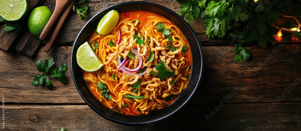 Bowl of spicy noodle soup with lime wedges and fresh herbs on rustic wooden table Copy Space Bowl of spicy noodle soup with lime wedges and fresh herbs on rustic wooden table Copy Space