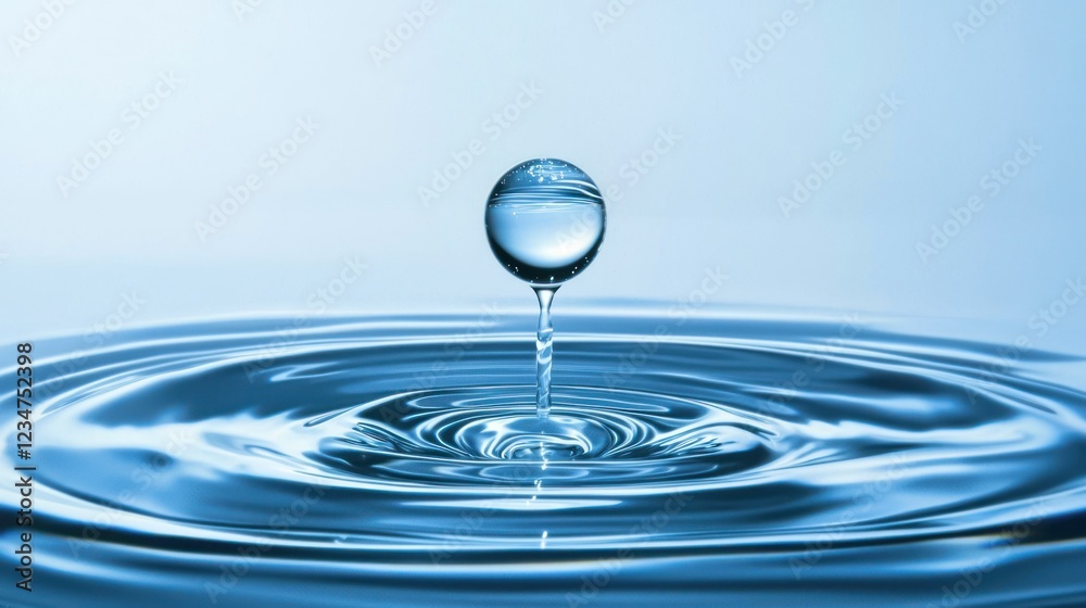 Water Droplet Creating Ripples in Calm Blue Water Surface Water Droplet Creating Ripples in Calm Blue Water Surface