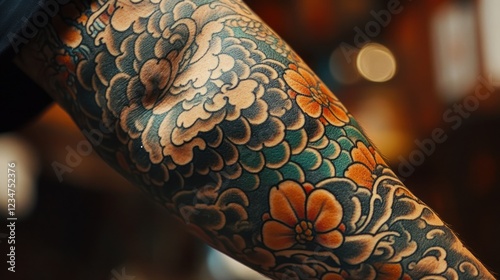 Vibrant Japanese Tattoo Sleeve: A Close-Up of  Intricate Floral and Wave Design photo