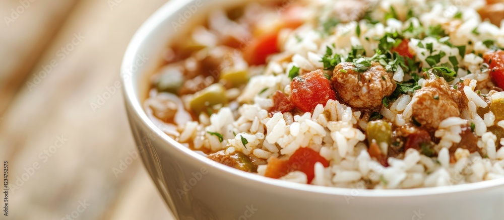 Bowl of rice with meat and vegetables garnished with herbs placed on a wooden table with copy space