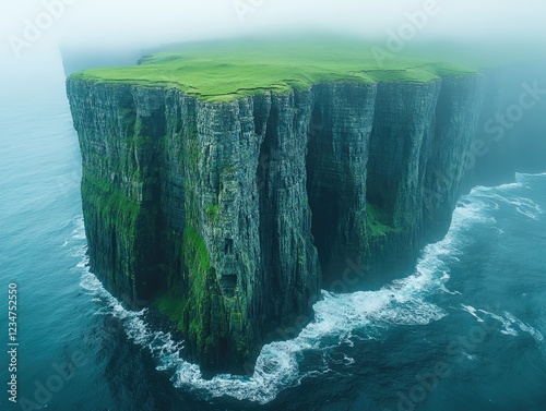 A breathtaking aerial view of a massive sea cliff with green grass on top shrouded in mist