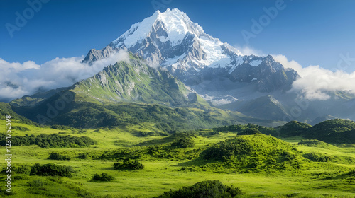 Majestic snow-capped mountain, green valley, sunny day, travel poster (1)