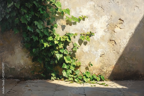 Blur Background of Abandoned Urban Space with Concrete Floor and Weathered Wall Covered in Green Ivy and Sunlight Shadows. Defocused Image for Background. photo