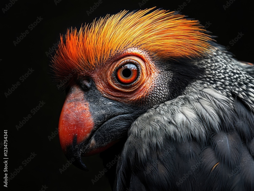 Close-up of a striking bird with vibrant orange feathers and detailed plumage on black background Close-up of a striking bird with vibrant orange feathers and detailed plumage on black background