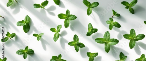 A bunch of fresh mint leaves arranged on a white surface.