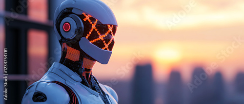 Futuristic robot with illuminated faceplate overlooking city skyline at sunset, symbolizing advanced technology. photo