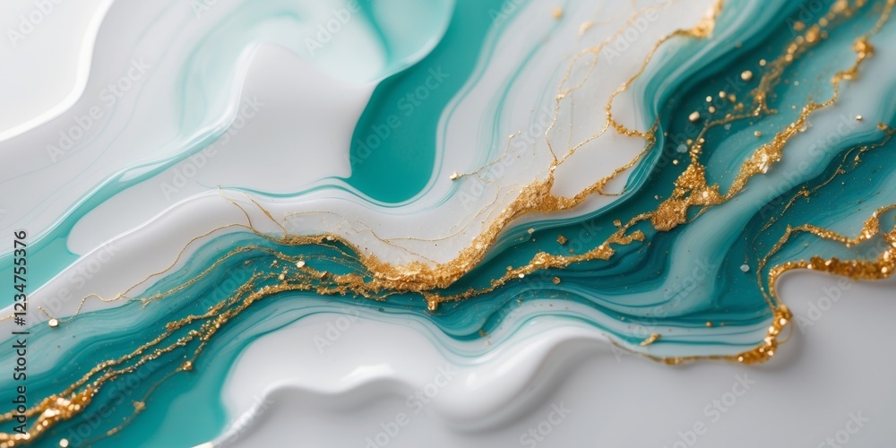 Abstract teal and white fluid art with sparkling gold accents creating a marble effect