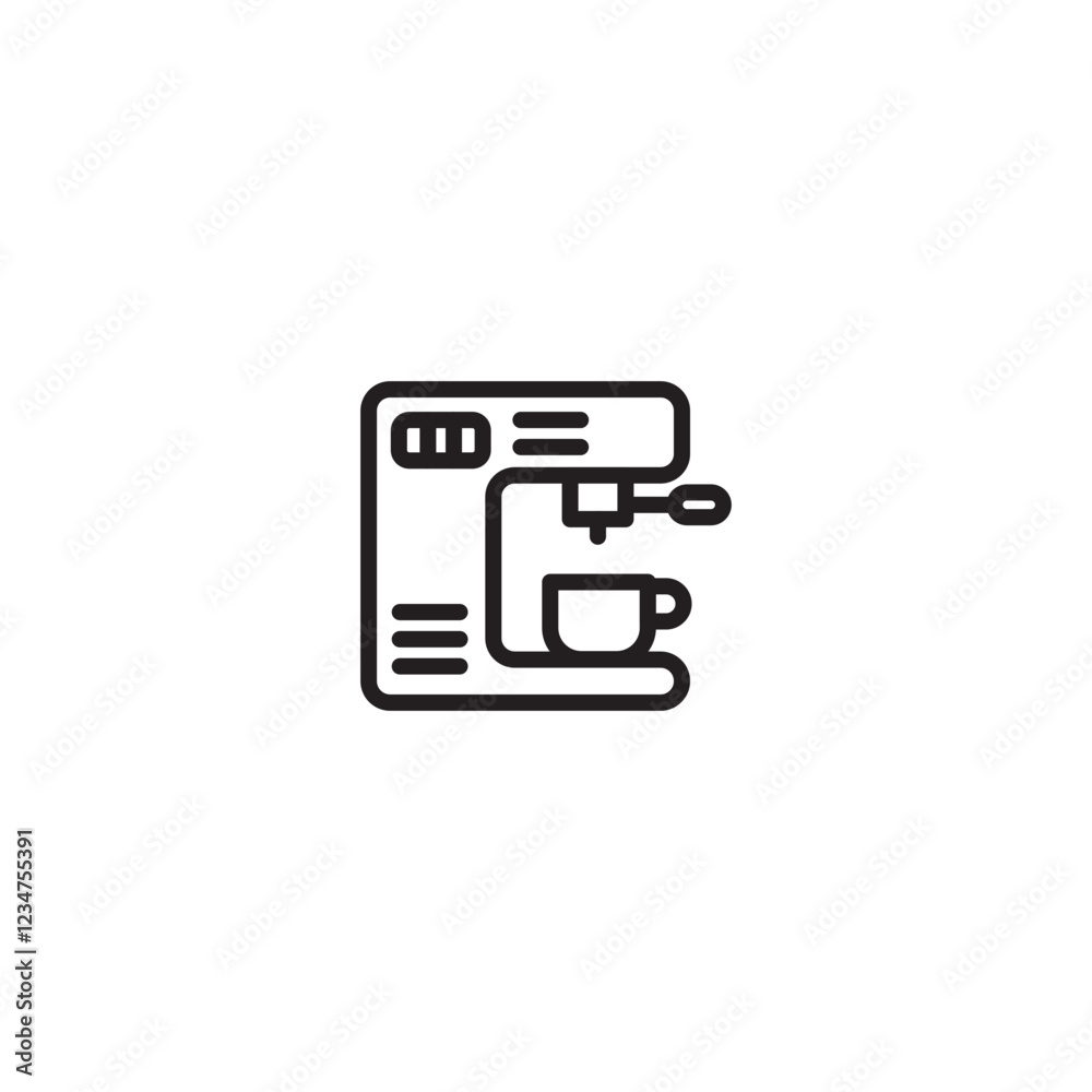 A simple line drawing of a coffee machine dispensing into a cup. Represents coffee brewing, espresso maker, or a caffeine beverage preparation device. A simple line drawing of a coffee machine dispensing into a cup. Represents coffee brewing, espresso maker, or a caffeine beverage preparation device.
