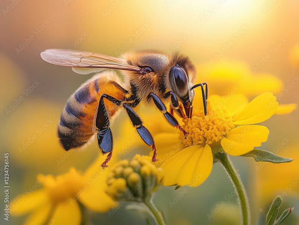 Honey bee and beautiful yellow flower, spring summer season, Wild nature landscape, banner, beauty in Nature. Honey bee on yellow flower collect pollen. Wild nature landscape, banner. Honey bee and beautiful yellow flower, spring summer season, Wild nature landscape, banner, beauty in Nature. Honey bee on yellow flower collect pollen. Wild nature landscape, banner.