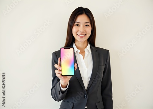 Portrait young business woman showing and presenting smartphone isolated on white background. businesswoman standing and holding phone, communication concept.