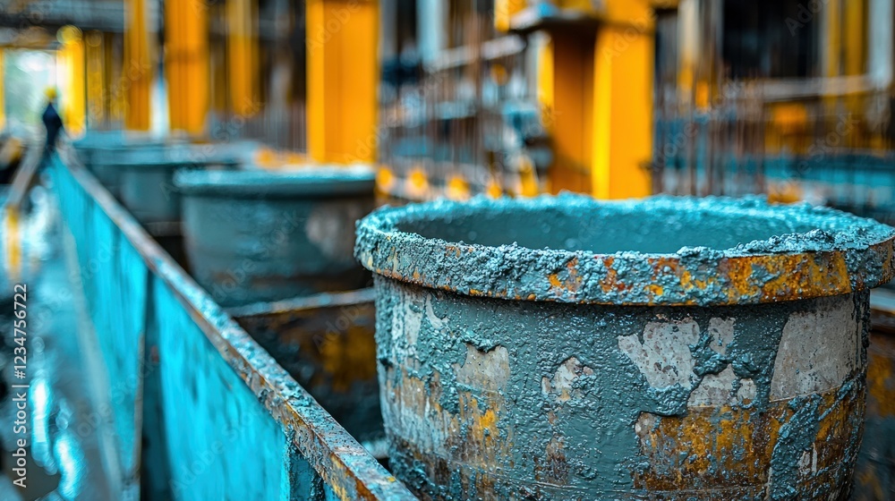 Concrete buckets on site, industrial background, construction process Concrete buckets on site, industrial background, construction process