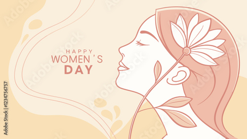 Minimalist illustration of a flower blossoming into a woman’s face with sophisticated and inspiring mood celebrating Women’s Day, soft warm gradient background with clean elegant typography, with copy