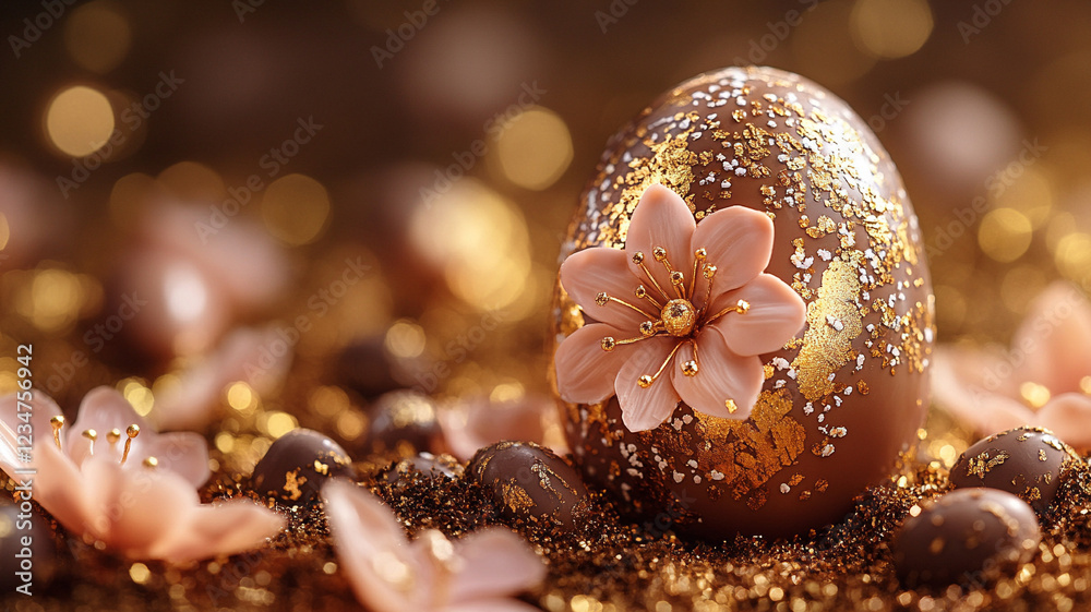 Naklejka premium Easter chocolate egg. A painted Easter egg. Golden Easter egg. Easter card and chocolate painted egg.