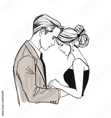 Couple reconciling after an argument, depicted in a tender black and white illustration
