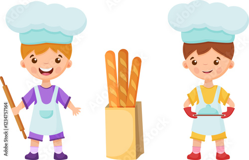 Boys bakers are holding a rolling pin and a tray with a dish. Baguette paper bag.