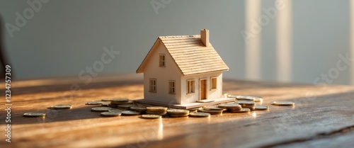 Miniature house with coins on a wooden table showcasing passive house heating and thermal insulation for energy crisis. photo