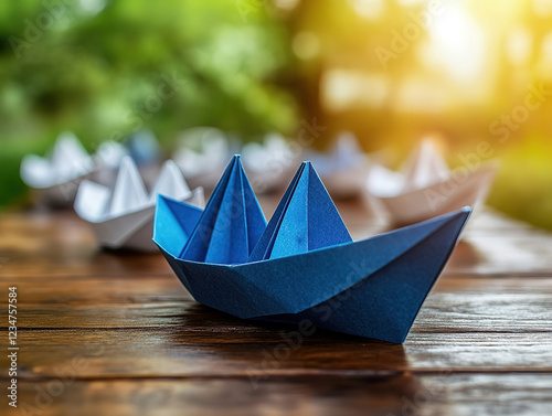 Blue Paper Boat and Compass Leading Fleet of White Boats on Wooden Table