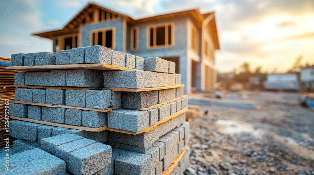 Stacks of concrete blocks await installation at a developing residential site Stacks of concrete blocks await installation at a developing residential site