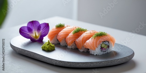 Salmon sushi rolls beautifully arranged on a stone plate garnished with wasabi and a purple flower photo