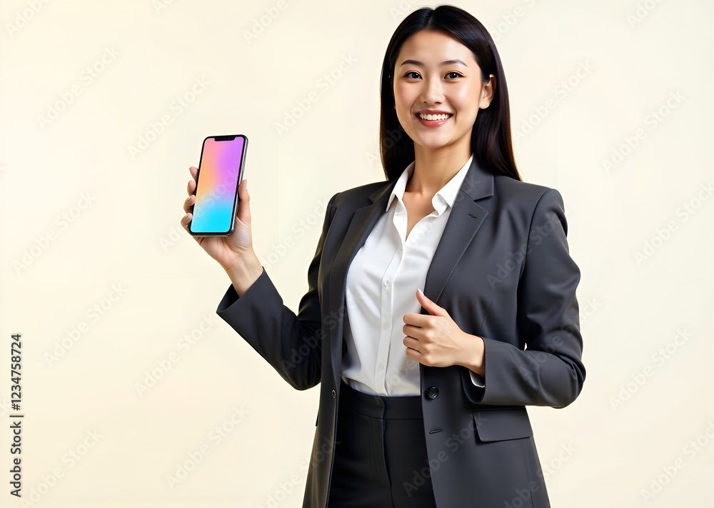 Portrait young business woman showing and presenting smartphone isolated on white background. businesswoman standing and holding phone, communication concept. Portrait young business woman showing and presenting smartphone isolated on white background. businesswoman standing and holding phone, communication concept.