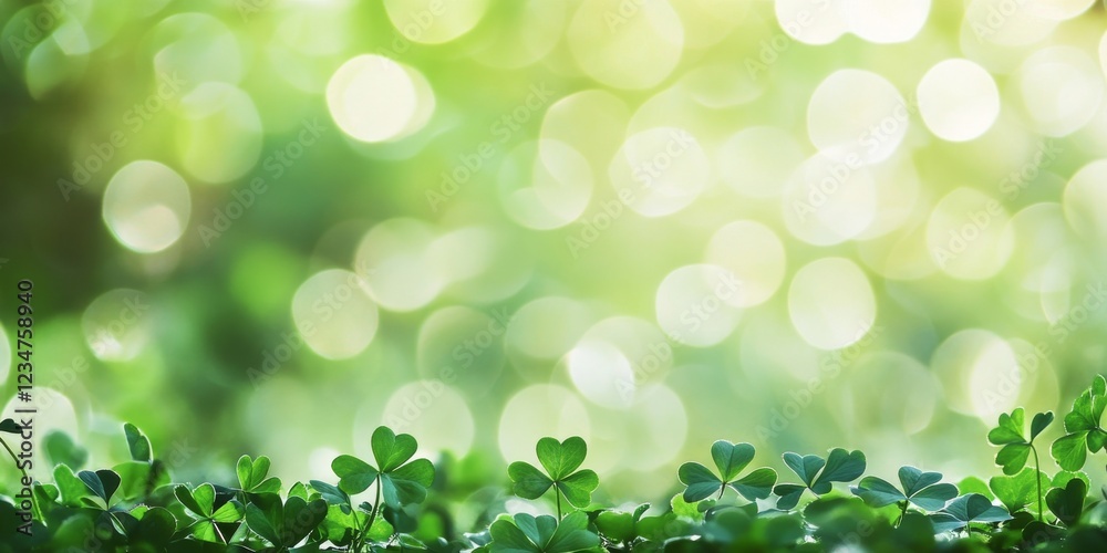 A close-up clover leaves, symbolizing good fortune and luck on St. Patrick's Day. Soft-focus background with sunlight filtering through the foliage A close-up clover leaves, symbolizing good fortune and luck on St. Patrick's Day. Soft-focus background with sunlight filtering through the foliage
