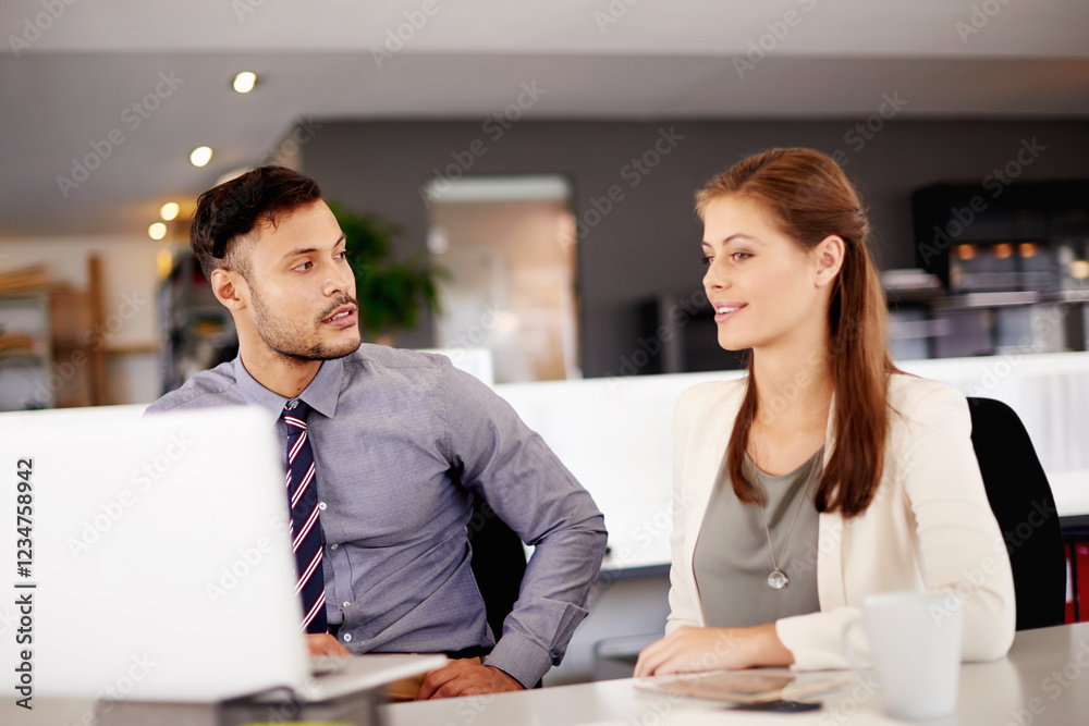 Fototapeta premium Teamwork, laptop and business people in meeting, planning and banking solution in office. Cooperation, workers and discussion with finance manager for payroll schedule, profit and revenue in account