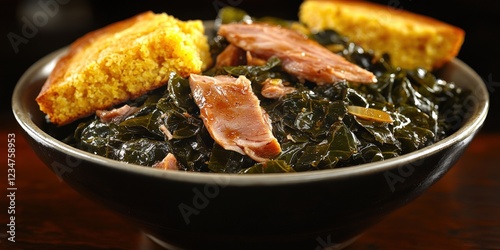 Delicious Southern Collard Greens with Ham and Cornbread - Perfect Comfort Food Recipe for Authentic Soul Food Flavor and Traditional Southern Cooking Experience photo