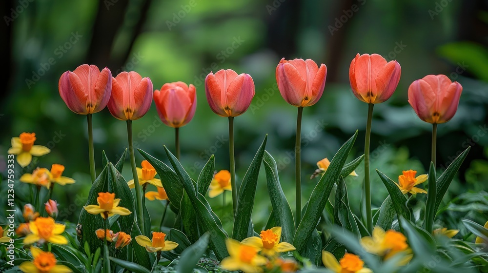 Coral tulips bloom in spring garden with daffodils in background Coral tulips bloom in spring garden with daffodils in background