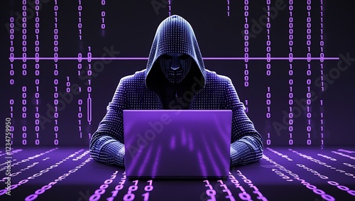 Neon Purple Cyber Criminal in Digital Matrix: Hooded Figure Typing on Laptop – Symbolizing Hacking, Cyber Attacks, and Online Security Vulnerabilities