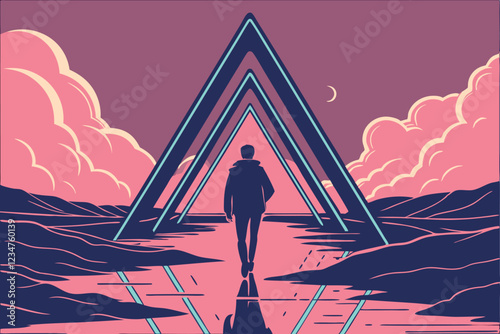  Silhouette of a person walking, giant neon triangle portal, surreal landscape, reflective water surface, vibrant sunset sky, pink and blue color palette, dreamy atmosphere, sci-fi aesthetic, synthw