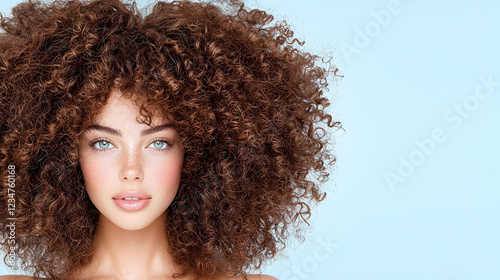 Woman with curly hair, blue eyes, light skin, beauty portrait, studio shot, pastel background, for hair care ads